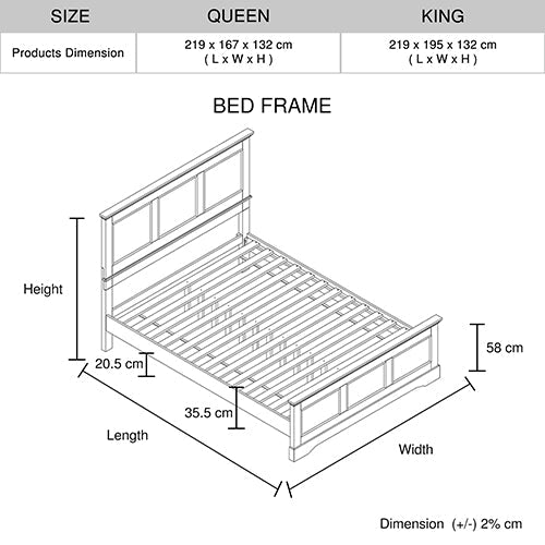 King Bed Frame in Solid Wood with Slats Support in Grey colour - RnR Galore