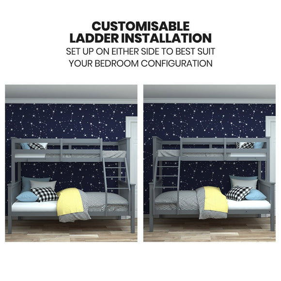 Kingston Slumber Bunk Bed Triple Wooden Single Over Double Beds for Kids, Solid Pine Wood, Convertible Design, Grey - RnR Galore