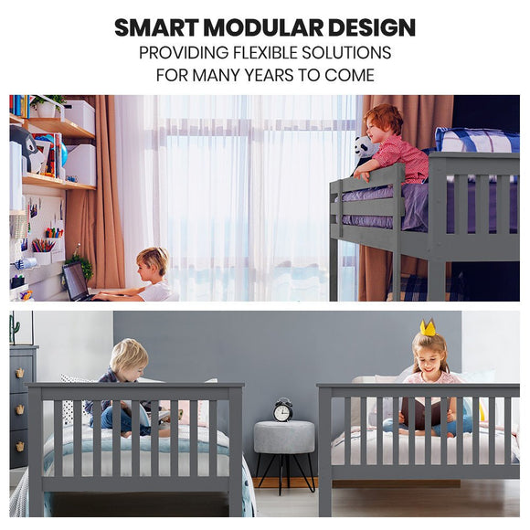 Kingston Slumber Bunk Bed Triple Wooden Single Over Double Beds for Kids, Solid Pine Wood, Convertible Design, Grey - RnR Galore