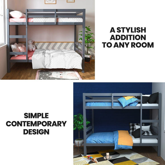 KINGSTON SLUMBER Single Bunk Bed Frame, Solid Pine 2 - in - 1 Modular Design, Converts to 2 Single Beds, For Kids, Grey - RnR Galore