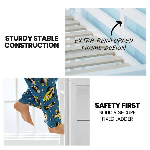 KINGSTON SLUMBER Single Bunk Bed Frame, Solid Pine 2 - in - 1 Modular Design, White - RnR Galore