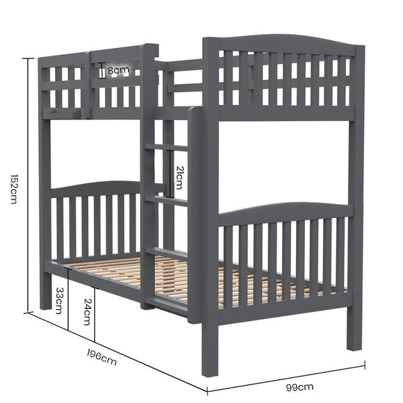 Kingston Slumber Single Bunk Bed Frame Solid Pine Wood Timber, Modular Design, Grey - RnR Galore