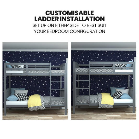 Kingston Slumber Single Bunk Bed Frame Solid Pine Wood Timber, Modular Design, Grey - RnR Galore