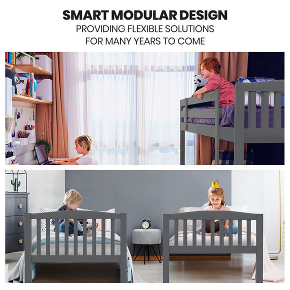 Kingston Slumber Single Bunk Bed Frame Solid Pine Wood Timber, Modular Design, Grey - RnR Galore
