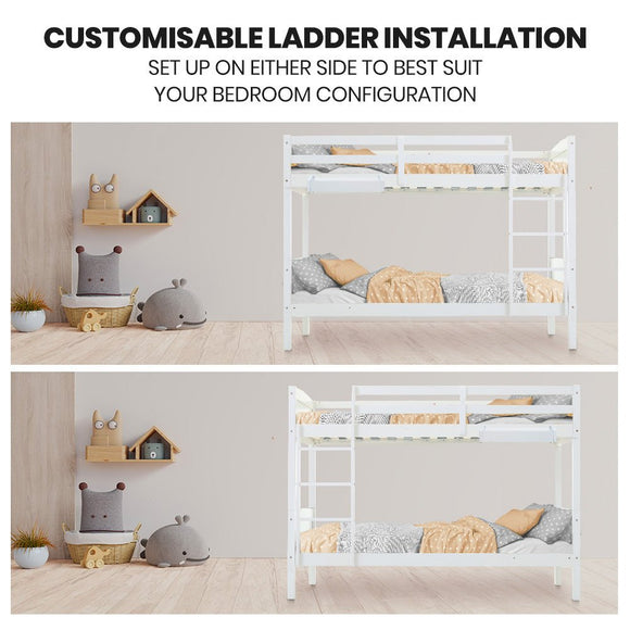 Kingston Slumber Single Bunk Bed Frame Solid Pine Wood Timber, Modular Design, White - RnR Galore