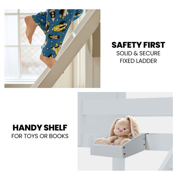 Kingston Slumber Single Over Double Wooden Bunk Bed Frame, Triple Solid Pine 2 - in - 1 Modular Design, Converts to 2 Beds, For Kids, White - RnR Galore