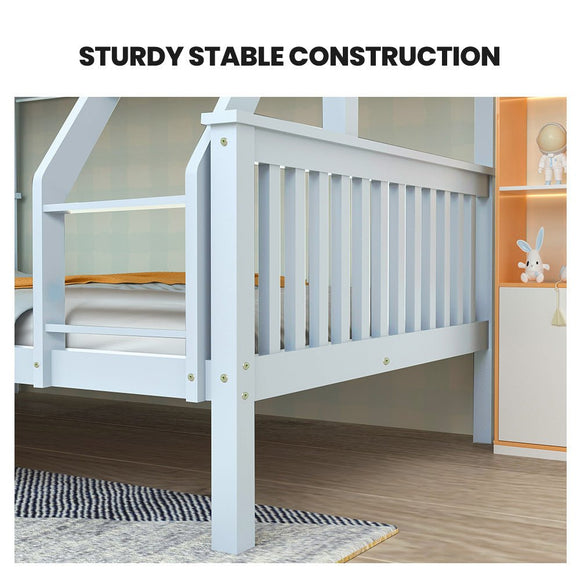 Kingston Slumber Single Over Double Wooden Bunk Bed Frame, Triple Solid Pine 2 - in - 1 Modular Design, Converts to 2 Beds, For Kids, White - RnR Galore
