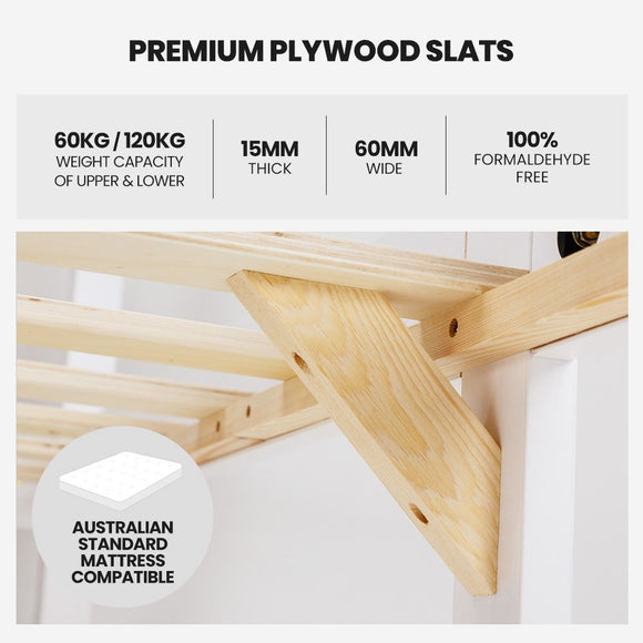 Kingston Slumber Wooden Kids Bunk Bed Frame, with Modular Design that can convert to 2 Single, White - RnR Galore