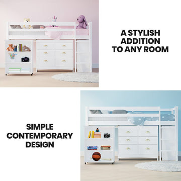 KINGSTON SLUMBER Wooden Kids Single Loft Bed Frame with Pull Out Desk, Storage Drawers, Cabinet - White - RnR Galore