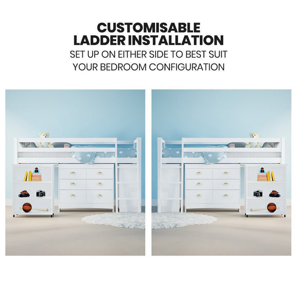 KINGSTON SLUMBER Wooden Kids Single Loft Bed Frame with Pull Out Desk, Storage Drawers, Cabinet - White - RnR Galore
