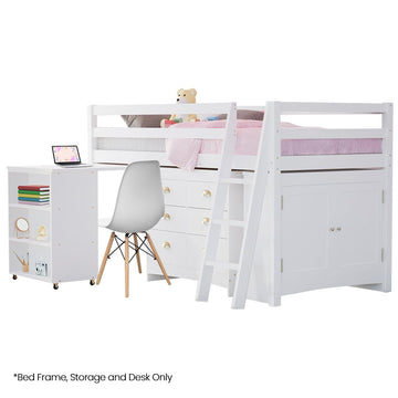 KINGSTON SLUMBER Wooden Kids Single Loft Bed Frame with Pull Out Desk, Storage Drawers, Cabinet - White - RnR Galore
