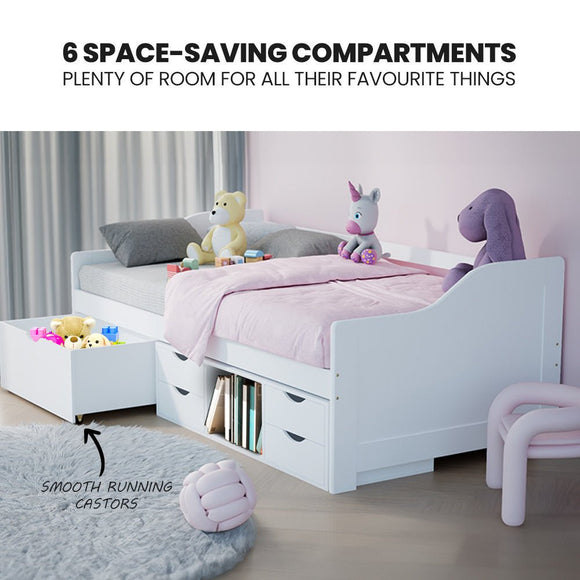 Kingston Slumber Wooden Single Sofa Bed Frame with Storage Drawers - White - RnR Galore