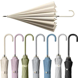 Large 16 Bone Automatic Umbrella Unisex Long Handle Dual Use Rain Sun Umbrella - White - RnR Galore