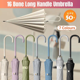 Large 16 Bone Automatic Umbrella Unisex Long Handle Dual Use Rain Sun Umbrella - White - RnR Galore
