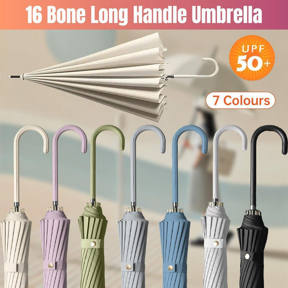Large 16 Bone Automatic Umbrella Unisex Long Handle Dual Use Rain Sun Umbrella - White - RnR Galore