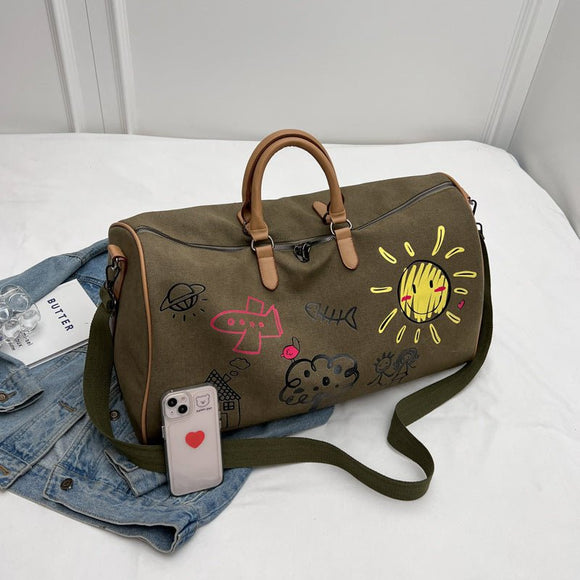 Large Capacity Canvas Travel Duffel Bag with Doodle Print - Weekend & Gym Tote(black) - RnR Galore
