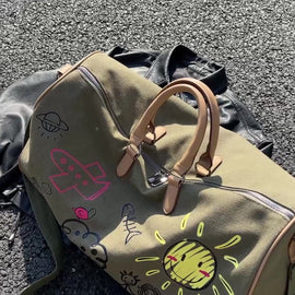 Large Capacity Canvas Travel Duffel Bag with Doodle Print - Weekend & Gym Tote(Green) - RnR Galore
