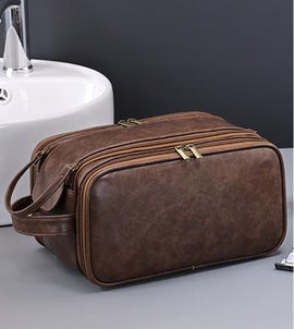 Large Capacity PU Leather Toiletry Bag - Multi - Compartment Dopp Kit & Cosmetic Organizer(Tan) - RnR Galore