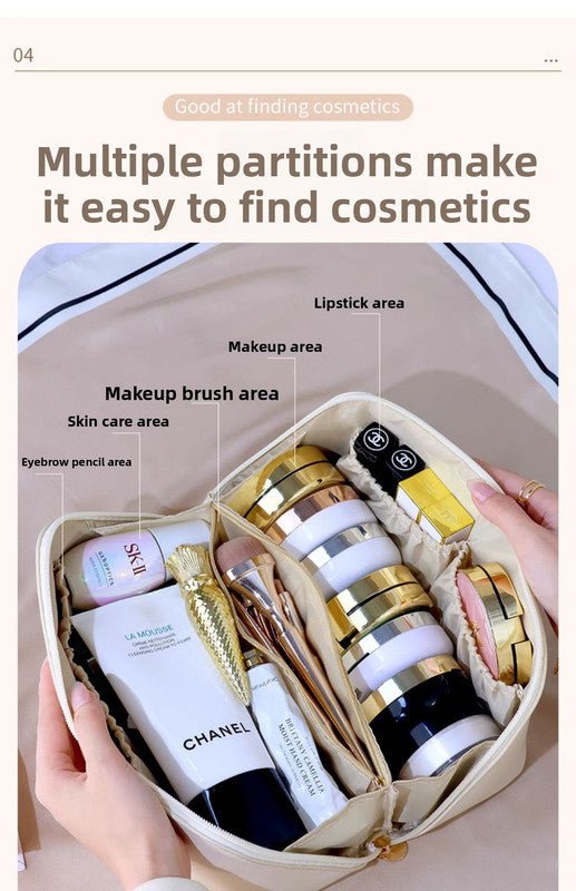 Large Capacity Travel Cosmetic Bag Portable PU Leather Pillow Pouch Waterproof Make Up Organiser Toiletry Case with Handle Apricot White - RnR Galore