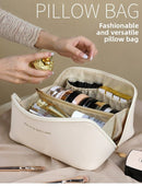 Large Capacity Travel Cosmetic Bag Portable PU Leather Pillow Pouch Waterproof Make Up Organiser Toiletry Case with Handle Apricot White - RnR Galore