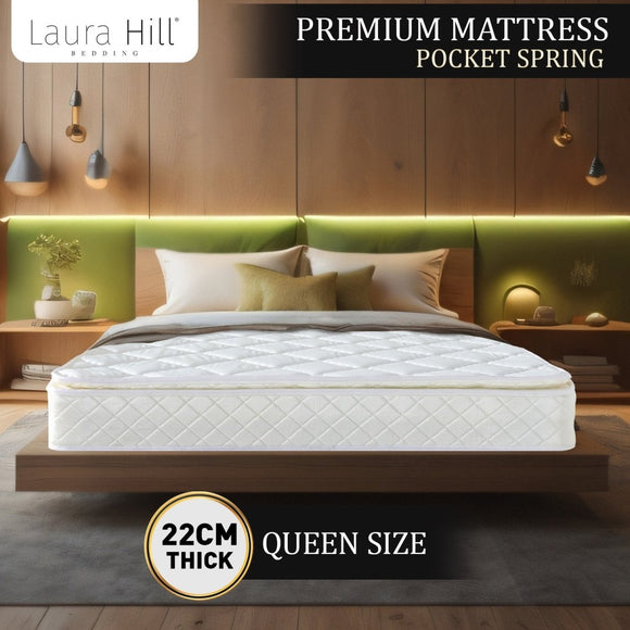 Laura Hill Mattress Queen Size Pillow Top Pocket Spring High Density Foam 22cm - RnR Galore