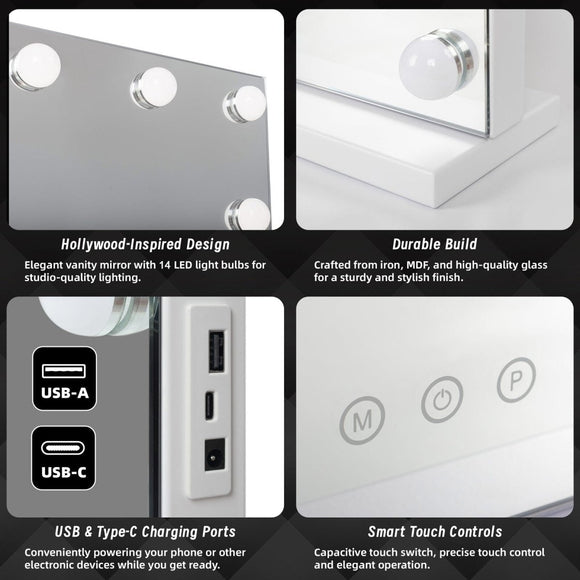 LED Beauty Mirror with 14 Bulbs, Colour Settings, USB A and USB C, White, 50 × 42cm - RnR Galore