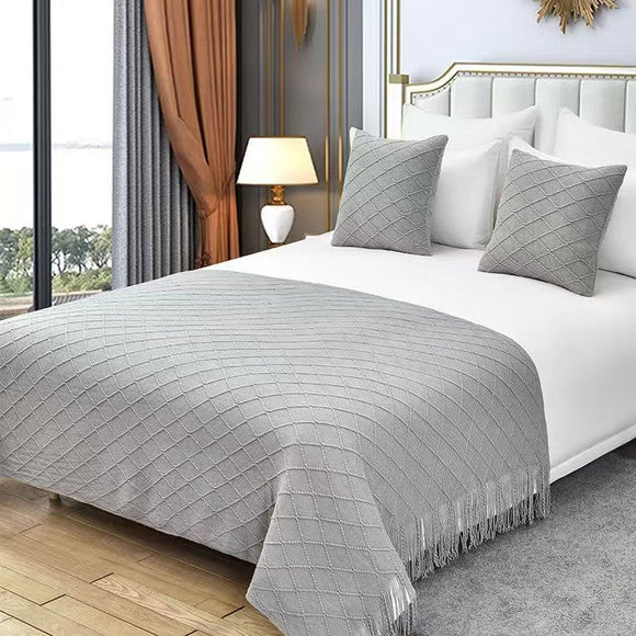 Light grey Nordic Knitted Throw Blanket with Tassels 130x230cm Soft Acrylic Diamond Pattern Sofa Cover Bed Runner and Travel Blanket - RnR Galore