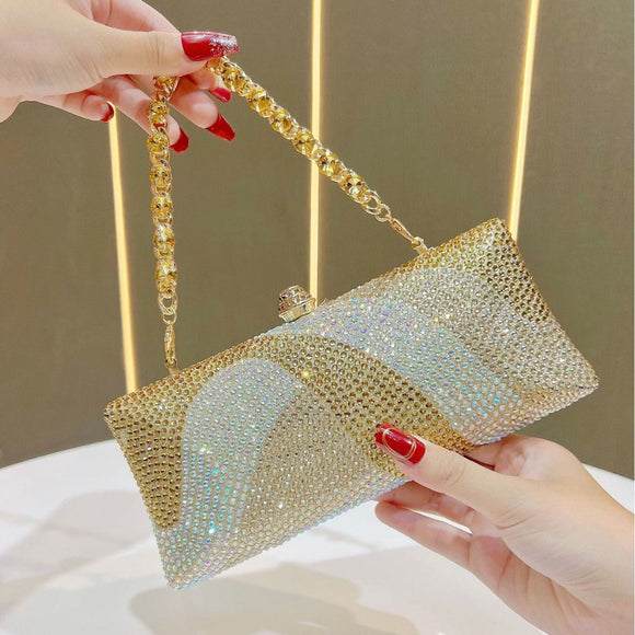 Luxury Golden Rhinestone Evening Clutch Bag Women Crystal Sparkle Formal Purse with Chain Strap for Wedding Party Prom - RnR Galore