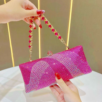 Luxury Rose red Rhinestone Evening Clutch Bag Women Crystal Sparkle Formal Purse with Chain Strap for Wedding Party Prom - RnR Galore