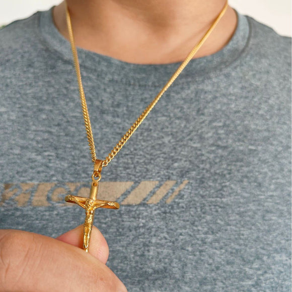 Men's Vintage Gold Cross Pendant Necklace Stainless Steel Titanium Steel Sweater Chain – Luxury Gold Finish with 60cm Box Chain - RnR Galore