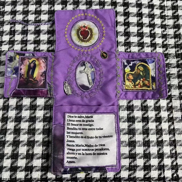 Mini Handcrafted Catholic Pocket Shrine – Foldable Prayer Altar with Silver Cross, Religious Art & Embroidered Prayers, Portable Faith Companion, 6.5 x 5.5 Inches (Blue) - RnR Galore