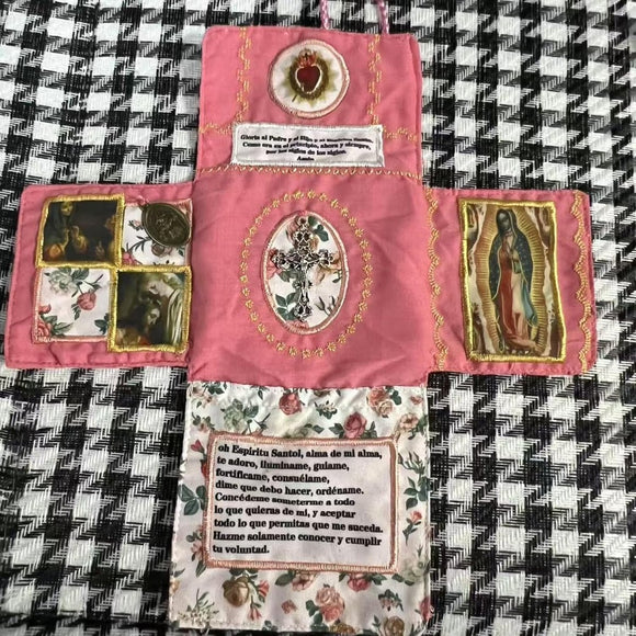 Mini Handcrafted Catholic Pocket Shrine – Foldable Prayer Altar with Silver Cross, Religious Art & Embroidered Prayers, Portable Faith Companion, 6.5 x 5.5 Inches (Blue) - RnR Galore