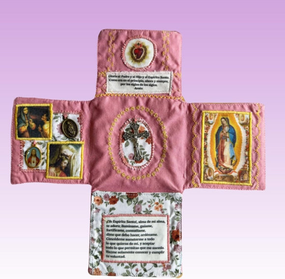 Mini Handcrafted Catholic Pocket Shrine – Foldable Prayer Altar with Silver Cross, Religious Art & Embroidered Prayers, Portable Faith Companion, 6.5 x 5.5 Inches (Purple) - RnR Galore