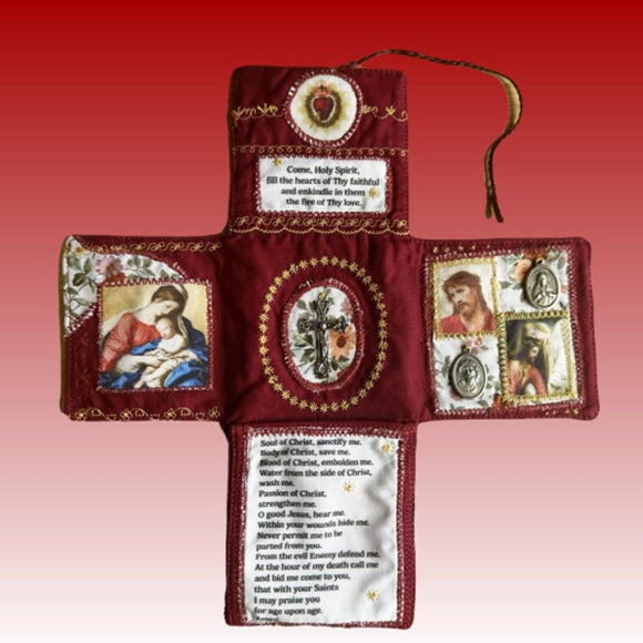 Mini Handcrafted Catholic Pocket Shrine – Foldable Prayer Altar with Silver Cross, Religious Art & Embroidered Prayers, Portable Faith Companion, 6.5 x 5.5 Inches (Purple) - RnR Galore
