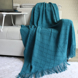 Morandi blue Nordic Knitted Throw Blanket with Tassels 130x230cm Soft Acrylic Diamond Pattern Sofa Cover Bed Runner and Travel Blanket - RnR Galore