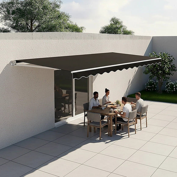 Motorised Outdoor Folding Arm Awning Retractable Sunshade Canopy Black 5.0m x 3.0m - RnR Galore