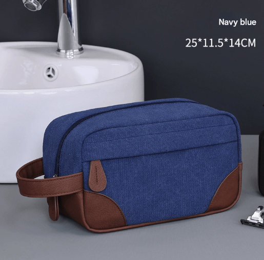 Navy Blue Men's Vintage Canvas Toiletry Bag PU Leather Accent Travel Wash Pouch Large Capacity Shaving Kit Organiser - RnR Galore