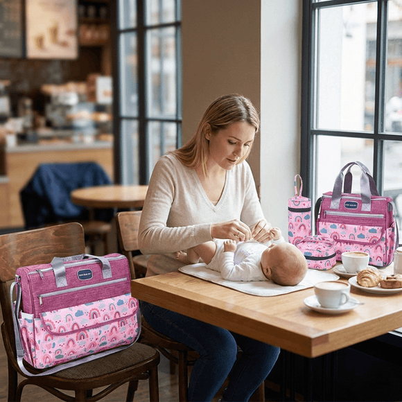 Newborn Diaper Bag Set with Changing Pad – 4 - Piece Baby Organizer, Large Capacity Mom Backpack, Insulated Bottle Sleeve & Lunch Bag, Travel Diaper Bag for Moms (Red) - RnR Galore