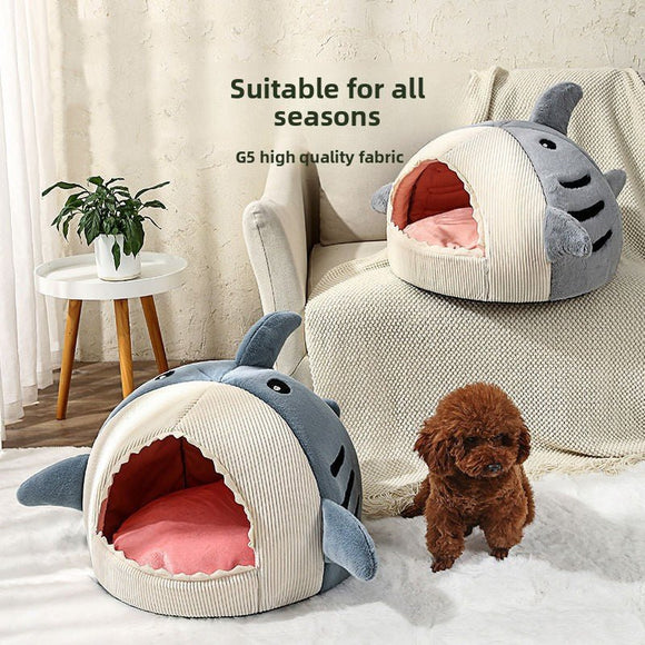 Novelty Shark Pet Cave Bed Enclosed Cozy Sleeping Nest for Cats and Small Dogs Soft Flannel Year Round Comfort Light Blue L Size - RnR Galore