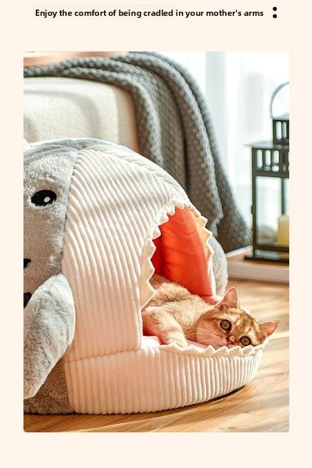Novelty Shark Pet Cave Bed Enclosed Cozy Sleeping Nest for Cats and Small Dogs Soft Flannel Year Round Comfort Light Blue L Size - RnR Galore