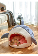 Novelty Shark Pet Cave Bed Enclosed Cozy Sleeping Nest for Cats and Small Dogs Soft Flannel Year Round Comfort Light Blue L Size - RnR Galore