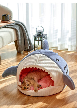Novelty Shark Pet Cave Bed Enclosed Cozy Sleeping Nest for Cats and Small Dogs Soft Flannel Year Round Comfort Light Blue M Size - RnR Galore