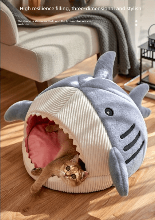 Novelty Shark Pet Cave Bed Enclosed Cozy Sleeping Nest for Cats and Small Dogs Soft Flannel Year Round Comfort Light Blue M Size - RnR Galore