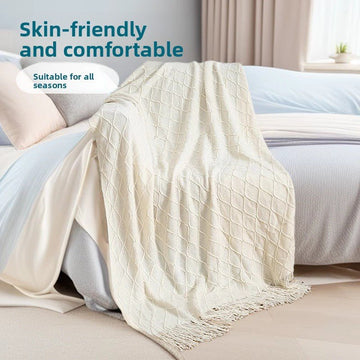 Orange - red Nordic Knitted Throw Blanket with Tassels 130x230cm Soft Acrylic Diamond Pattern Sofa Cover Bed Runner and Travel Blanket - RnR Galore