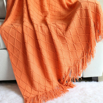 Orange - red Nordic Knitted Throw Blanket with Tassels 130x230cm Soft Acrylic Diamond Pattern Sofa Cover Bed Runner and Travel Blanket - RnR Galore