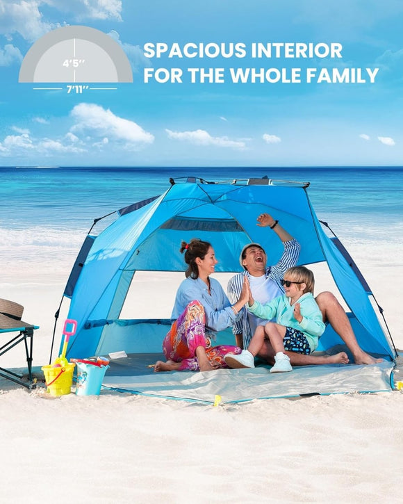 OutdoorMaster Pop Up 3 - 4 Person Beach Tent X - Large - Easy Setup, Portable Beach Shade Canopy Folding Sun Shelter with UPF 50+ UV Protection Removable Skylight Family Size (Blue) - RnR Galore