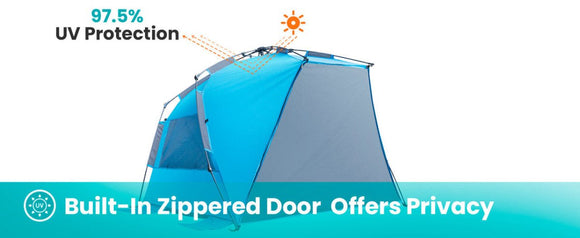 OutdoorMaster Pop Up 3 - 4 Person Beach Tent X - Large - Easy Setup, Portable Beach Shade Canopy Folding Sun Shelter with UPF 50+ UV Protection Removable Skylight Family Size (Blue) - RnR Galore