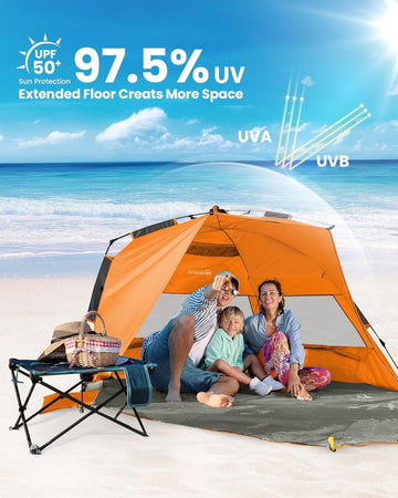 OutdoorMaster Pop Up 3 - 4 Person Beach Tent X - Large - Easy Setup, Portable Beach Shade Canopy Folding Sun Shelter with UPF 50+ UV Protection Removable Skylight Family Size (Orange) - RnR Galore