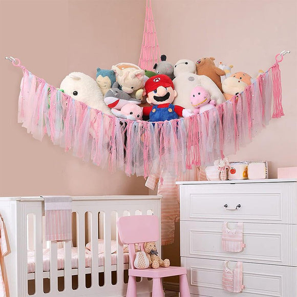 Pink Corner Plush Toy Organizer (100x100x150cm) with Ribbon Accent & Installation Kit - Handwoven Cotton Mesh Toy Storage Hammock - RnR Galore