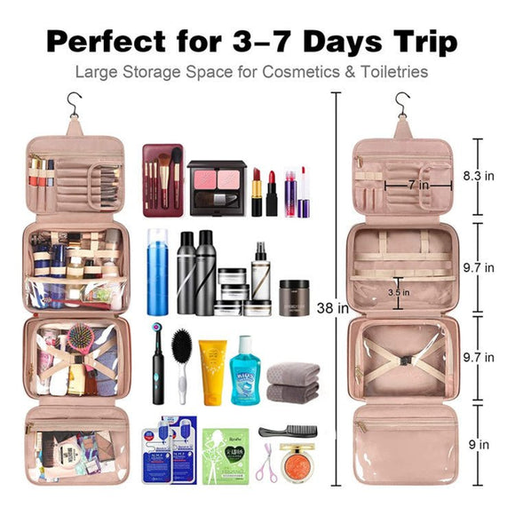 Pink Portable Large Hanging Womens' Luxury PU Leather Cosmetic Bag - Waterproof Travel Toiletry Organizer , Easy Visibility & Durable - RnR Galore